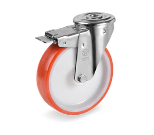 Ruota d.80 Naylon./Wul. Piastra Tonda F.12 Gir. con freno Inox 21202 FRHB